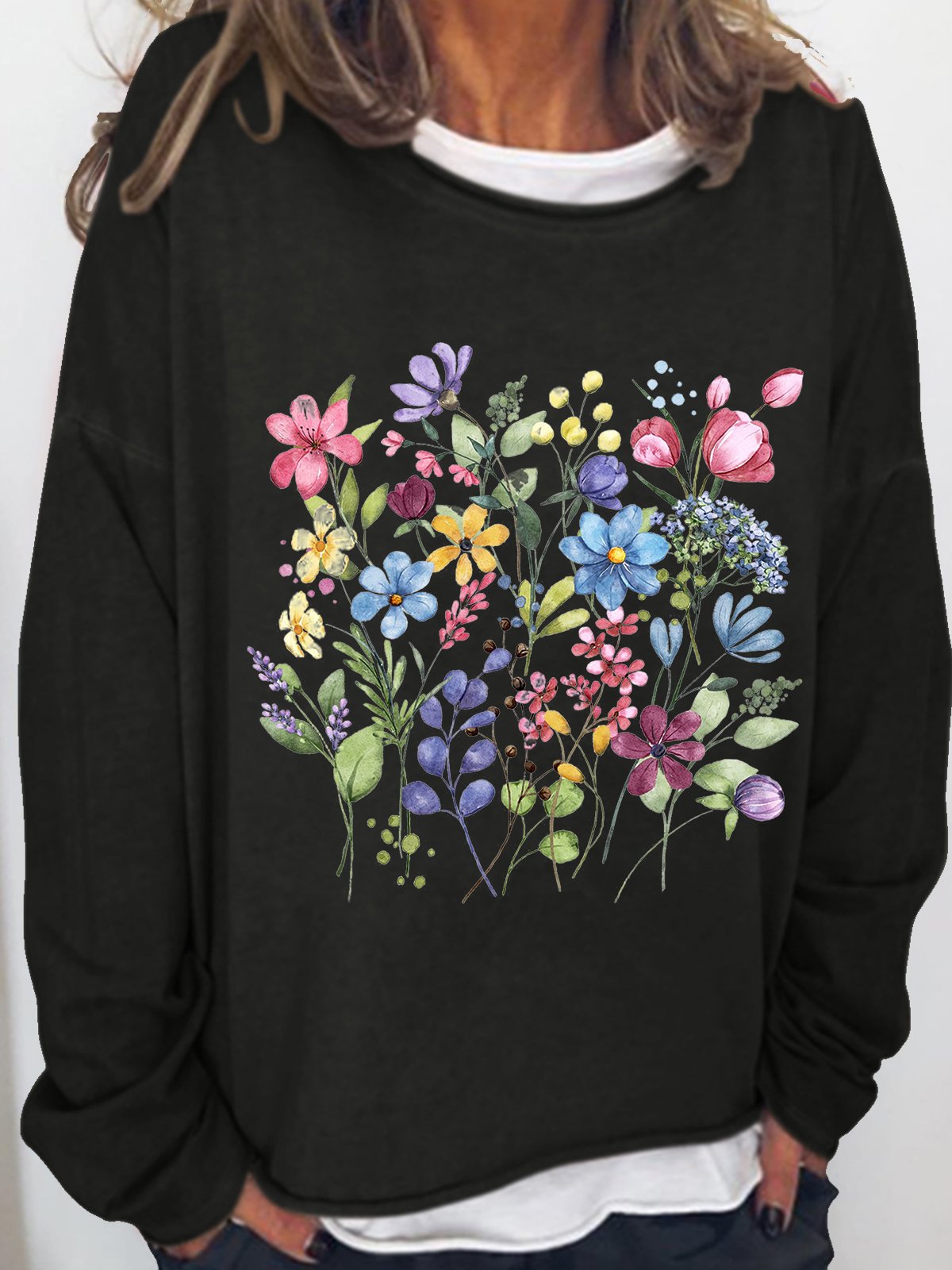 Women's Flower Print Crew Neck Casual Sweatshirt