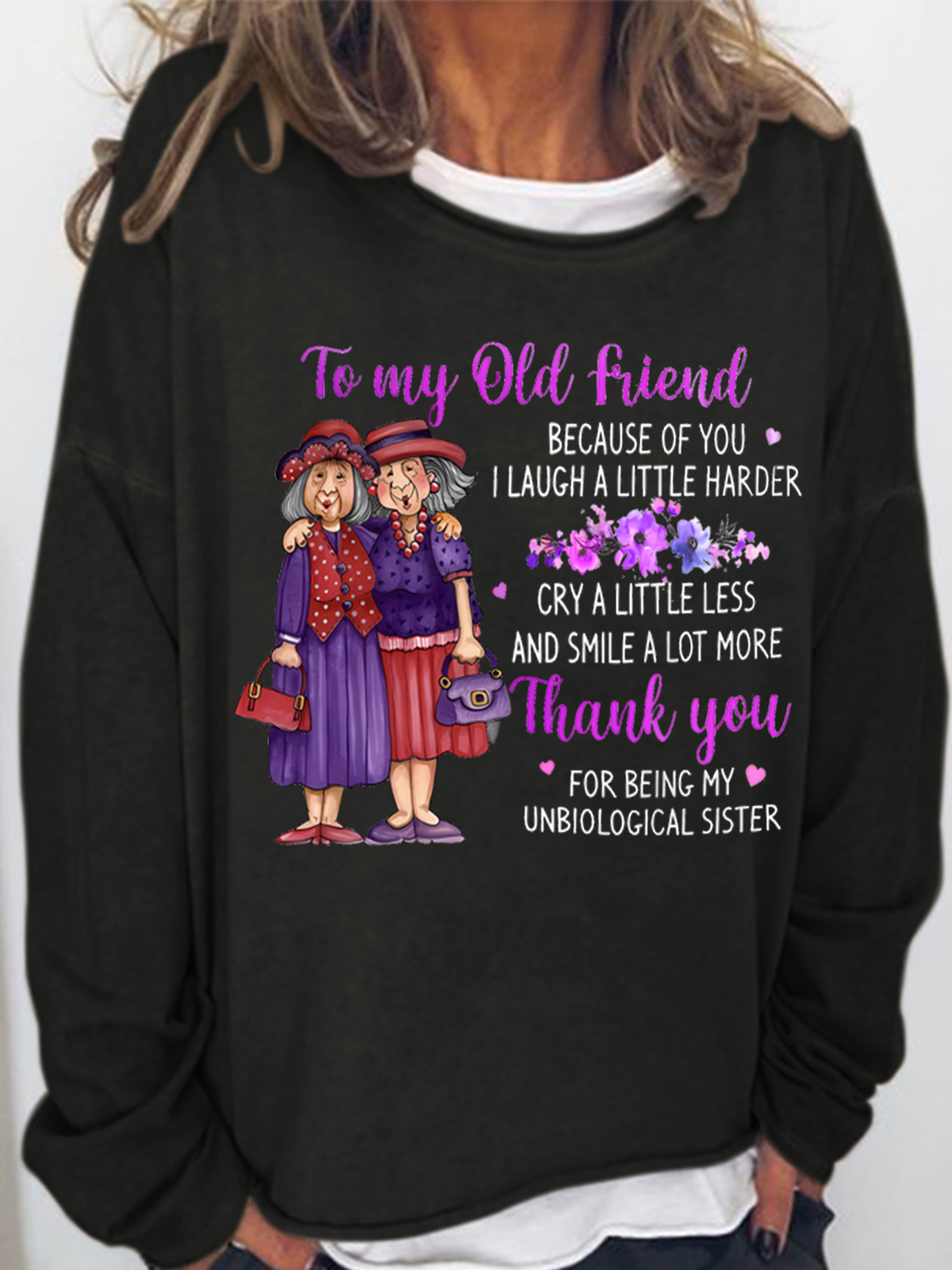 Women's Funny Old Friend Smile A Lot More Graphic Printing Crew Neck Loose Simple Sweatshirt