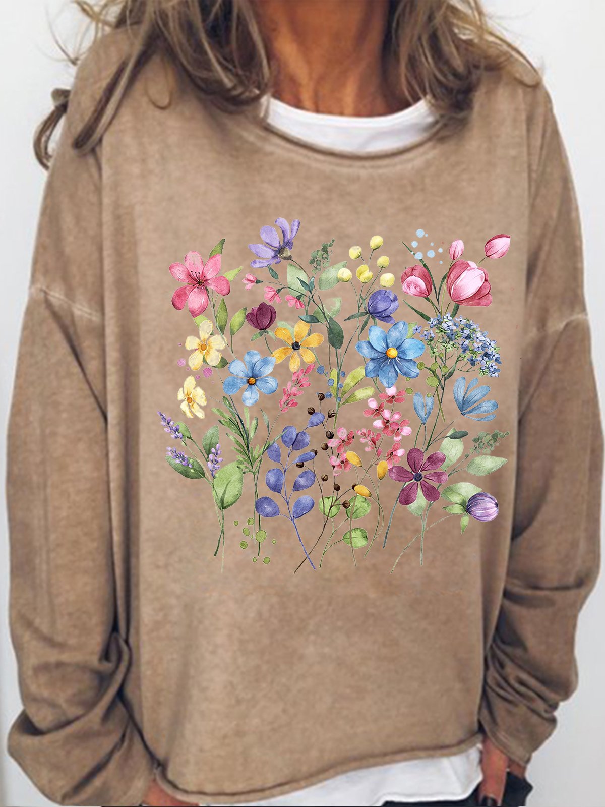 Women's Flower Print Crew Neck Casual Sweatshirt