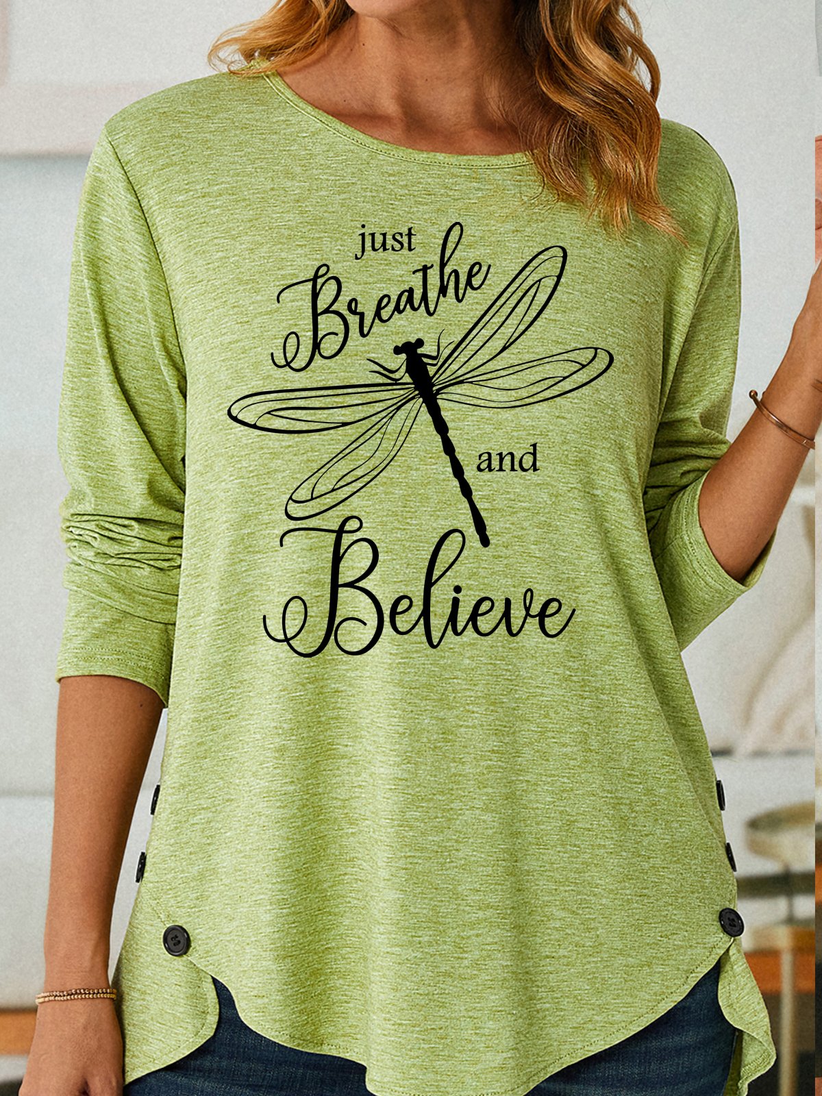 Women's Inspirational Just Breathe and Believe Dragonfly Casual Crew Neck Shirt