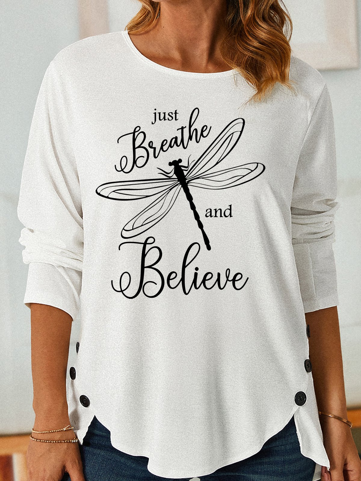 Women's Inspirational Just Breathe and Believe Dragonfly Casual Crew Neck Shirt