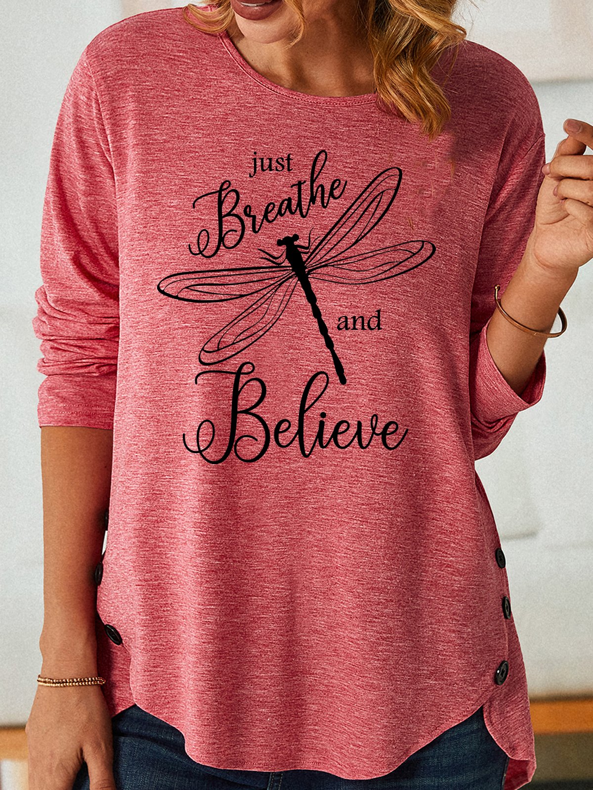 Women's Inspirational Just Breathe and Believe Dragonfly Casual Crew Neck Shirt