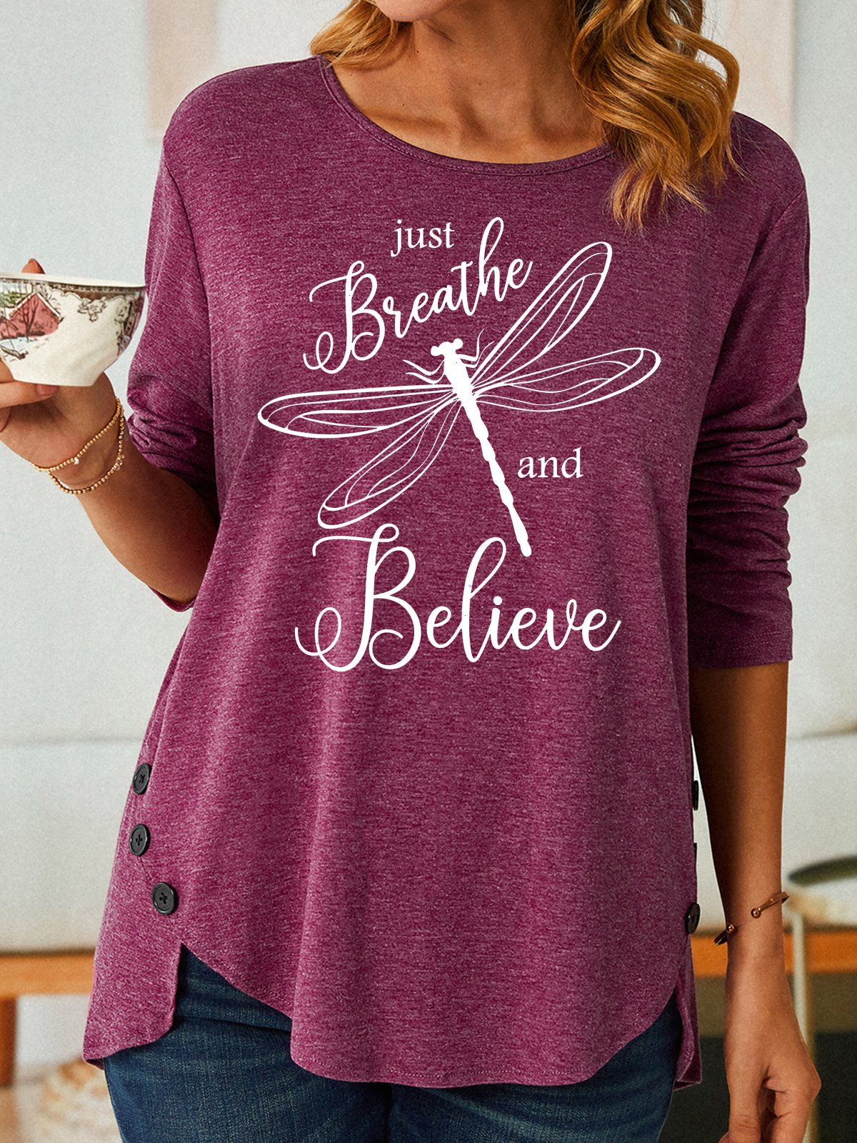 Women's Inspirational Just Breathe and Believe Dragonfly Casual Crew Neck Shirt