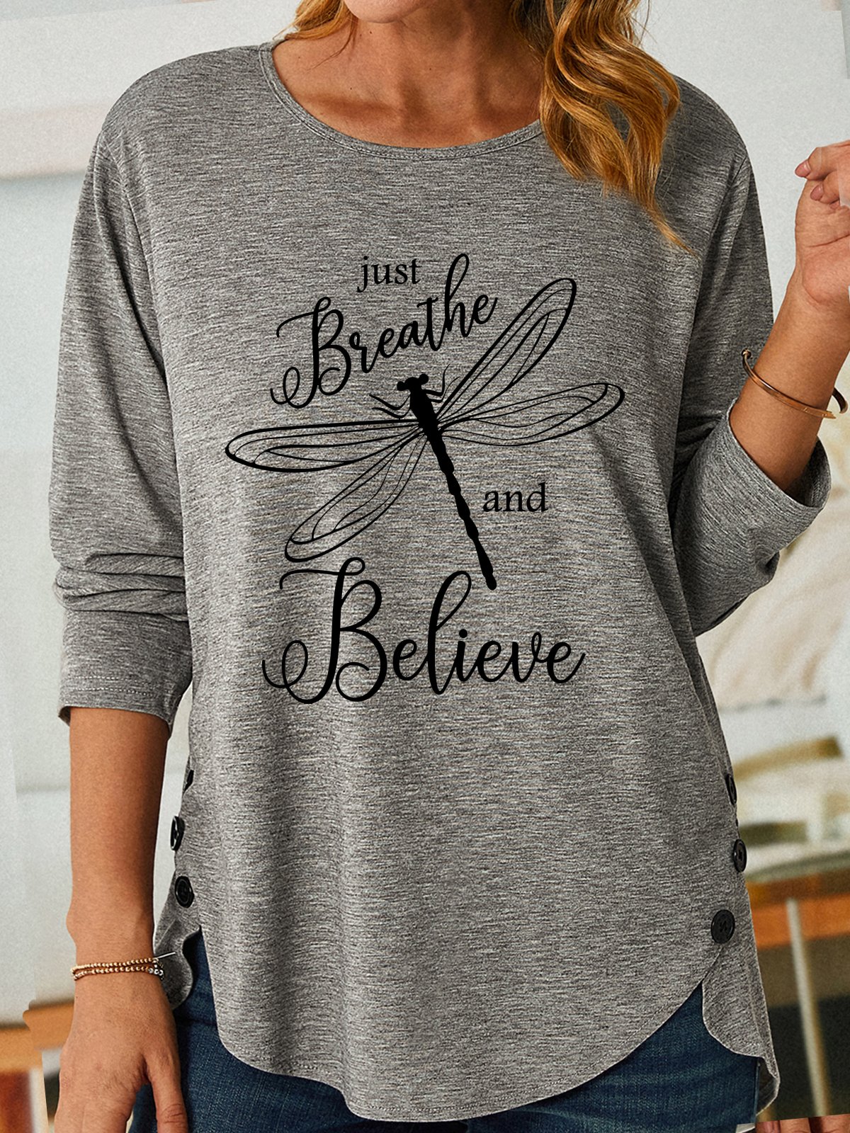 Women's Inspirational Just Breathe and Believe Dragonfly Casual Crew Neck Shirt