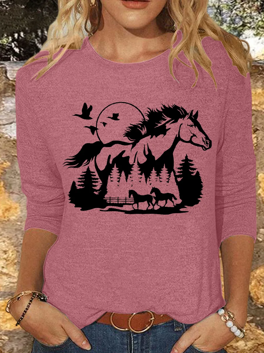 Women's Horse Lover Casual Crew Neck Cotton-Blend Shirt