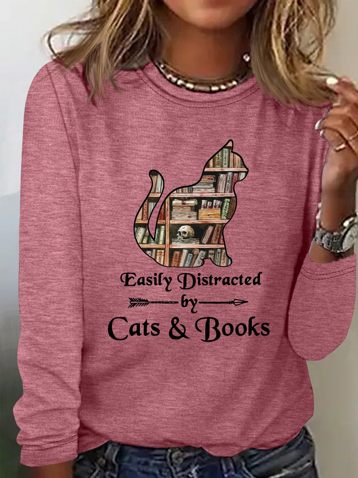 Women's Easily Distracted By Cats And Books Crew Neck Casual Shirt