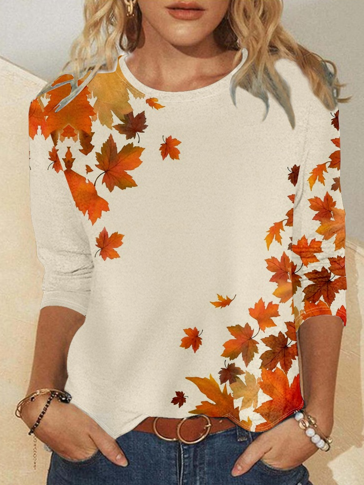 Women's Crew Neck Maple Leaf Simple Shirt