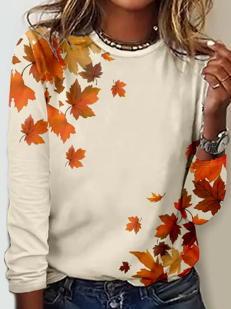 Women's Crew Neck Maple Leaf Simple Shirt