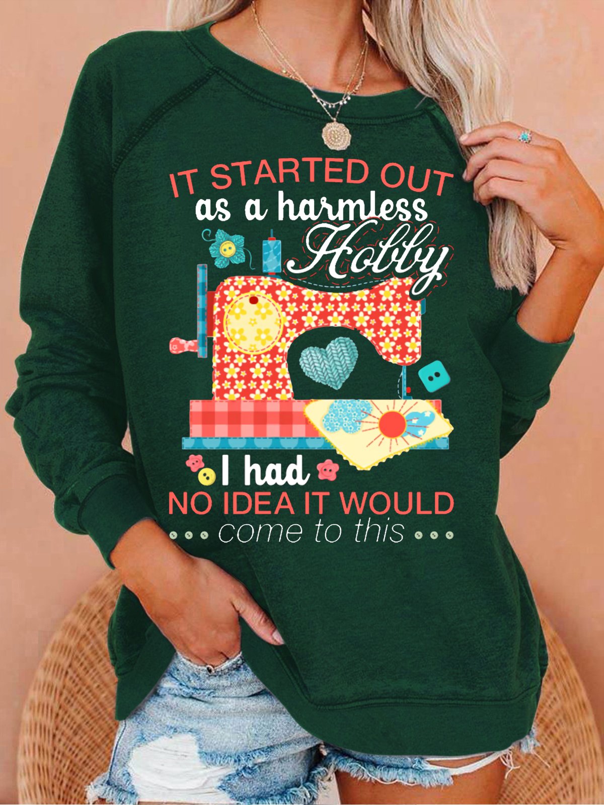Women's Sewing Lover Tee It Started Out As A Harmless Hobby Quilting Crew Neck Letters Casual Sweatshirt