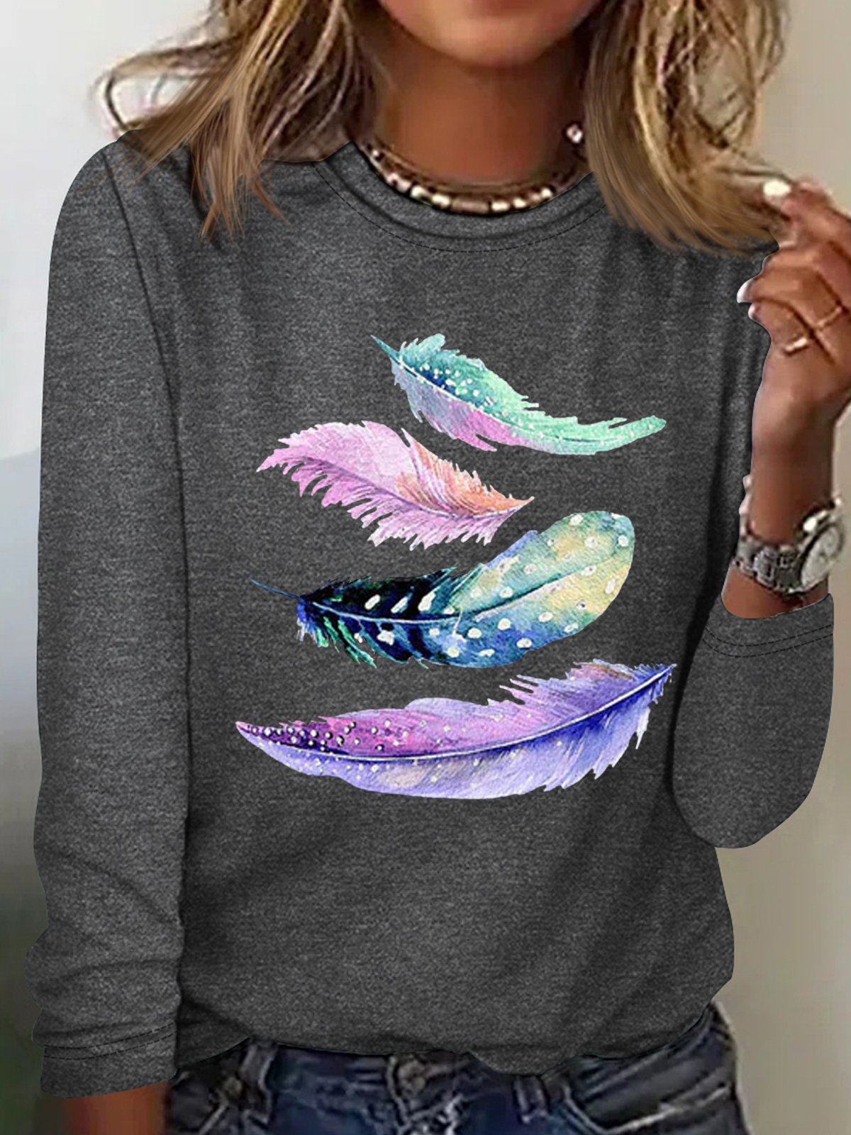 Women's Muticolor Feather Print Casual Shirt