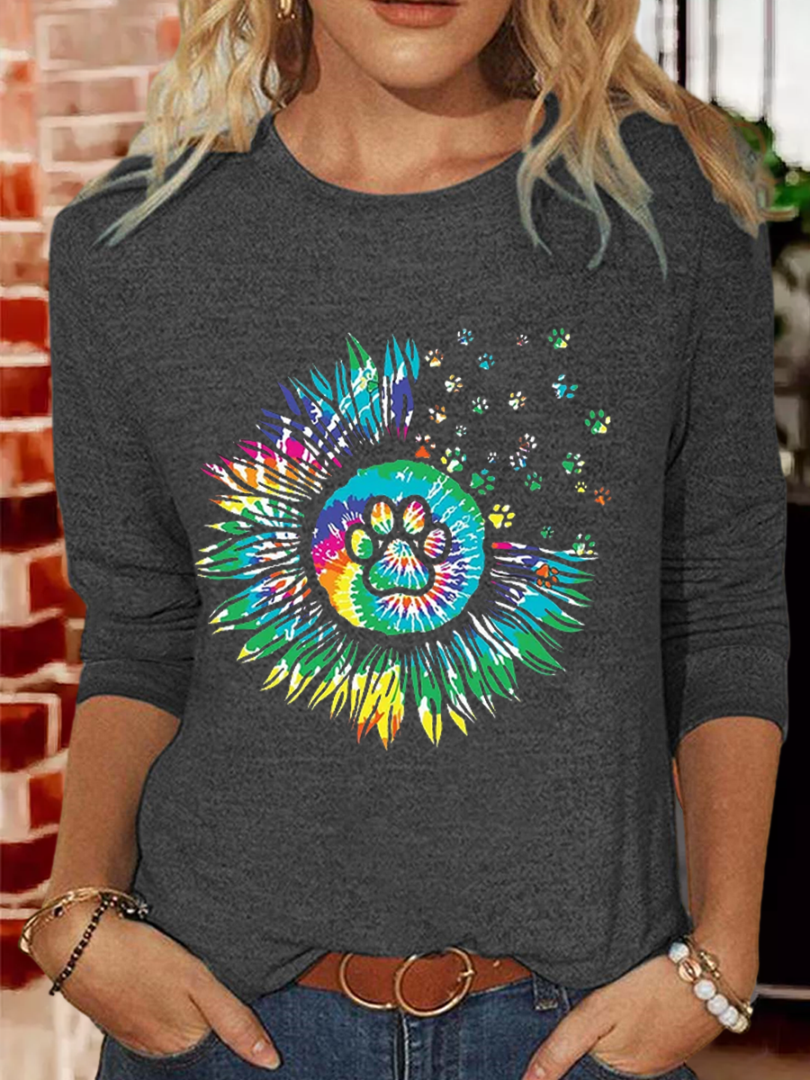 Women's Colorful Sunflower Dog Paw Graphic Casual Crew Neck Shirt