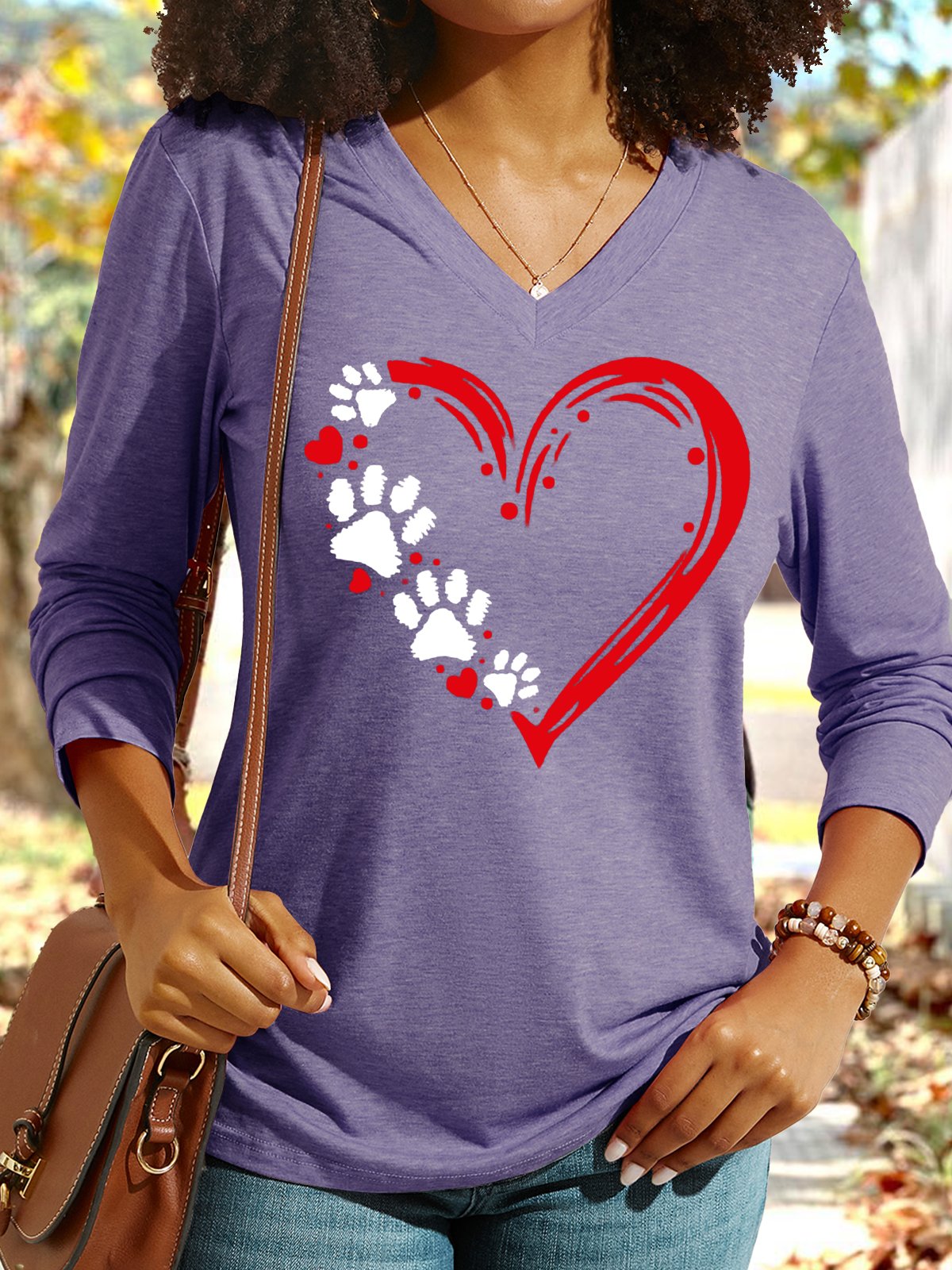 Women's Dog Paw Print V Neck Casual Graphic Shirt
