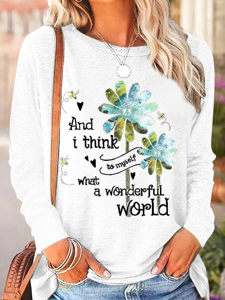 Women's And I Think To Myself What A Wonderful World Daisy Crew Neck Cat Regular Fit Casual Shirt