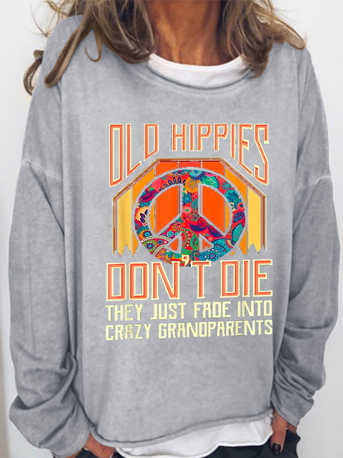 Women's Old Hippies Don't Die Creative Printed Graphic Simple Loose Text Letters Crew Neck Sweatshirt