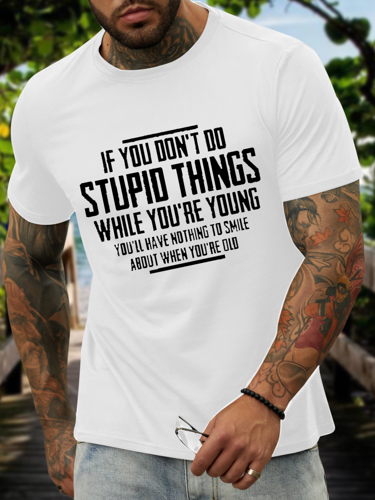 Men's Don't do stupid things when you're young, it's nothing funny when you're old Crew Neck Text Letters Loose Casual T-Shirt