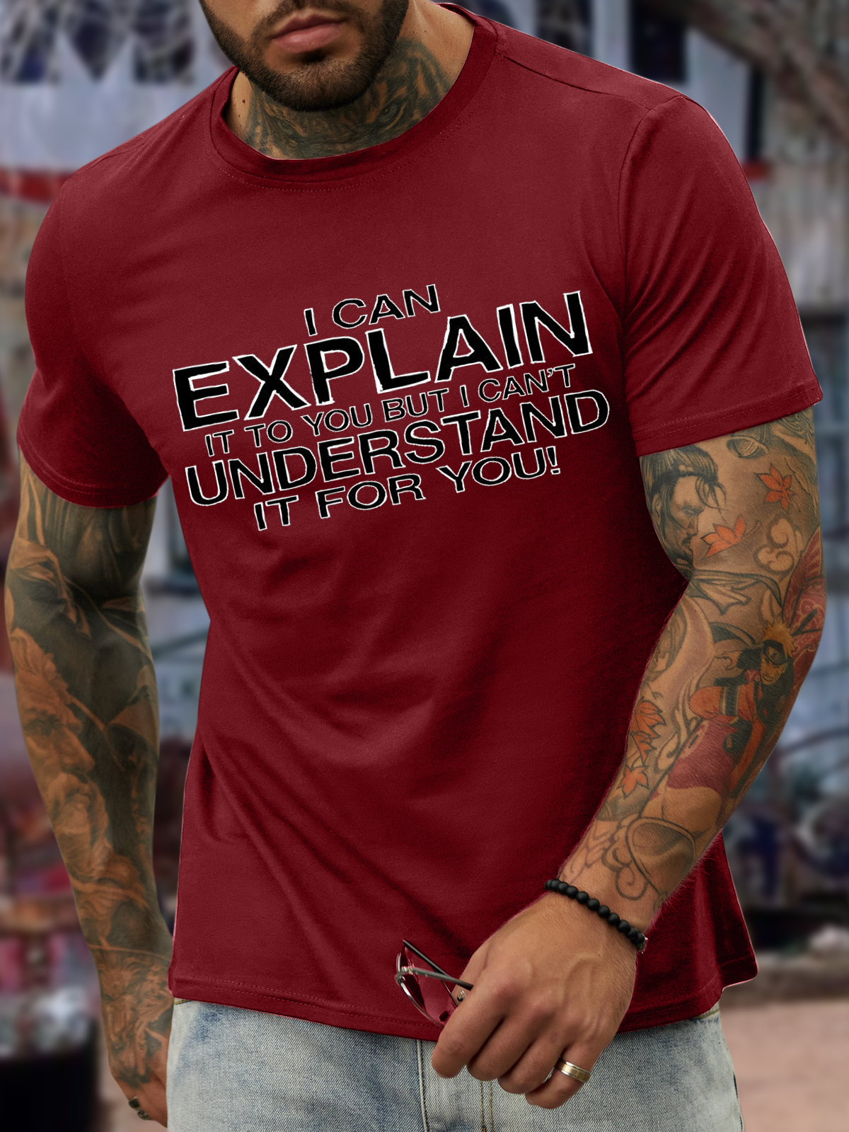 Men's I can explain but I can't understand for you Cotton-Blend Casual Loose Text Letters T-Shirt