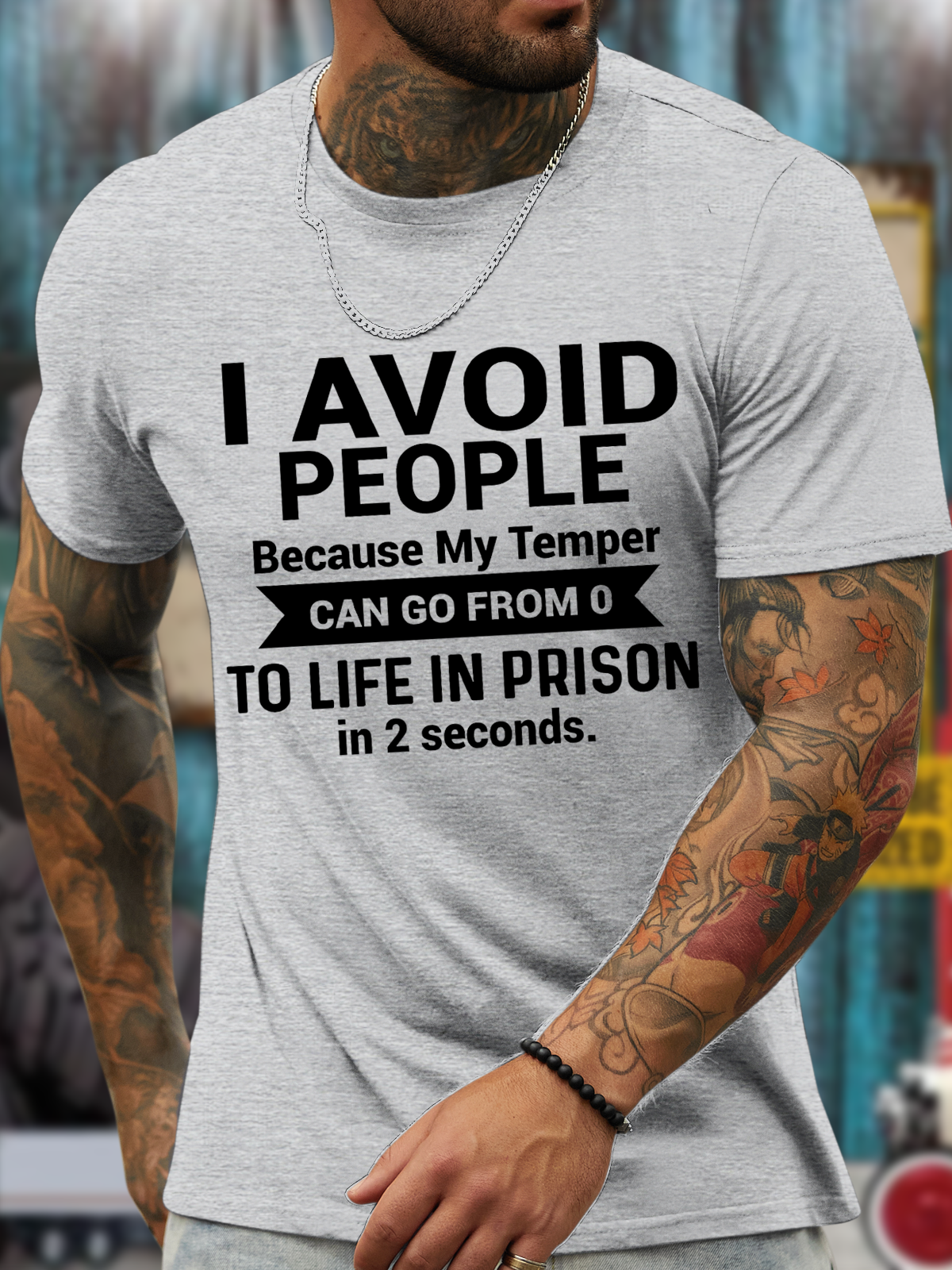 I avoid people because my temper can go from o to life in prison in 2 seconds Men's Cotton-Blend Crew Neck Loose Casual T-Shirt