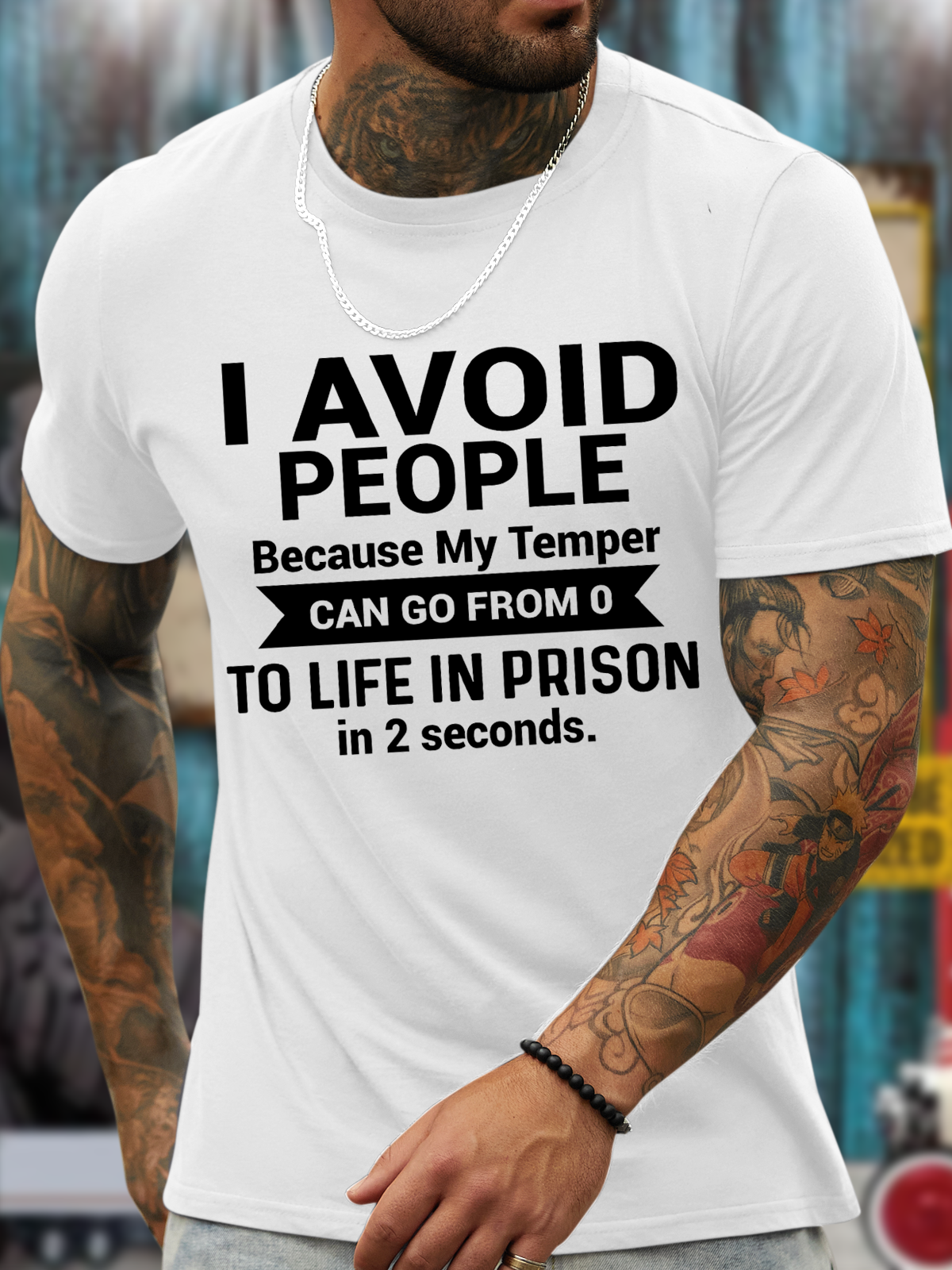 I avoid people because my temper can go from o to life in prison in 2 seconds Men's Cotton-Blend Crew Neck Loose Casual T-Shirt
