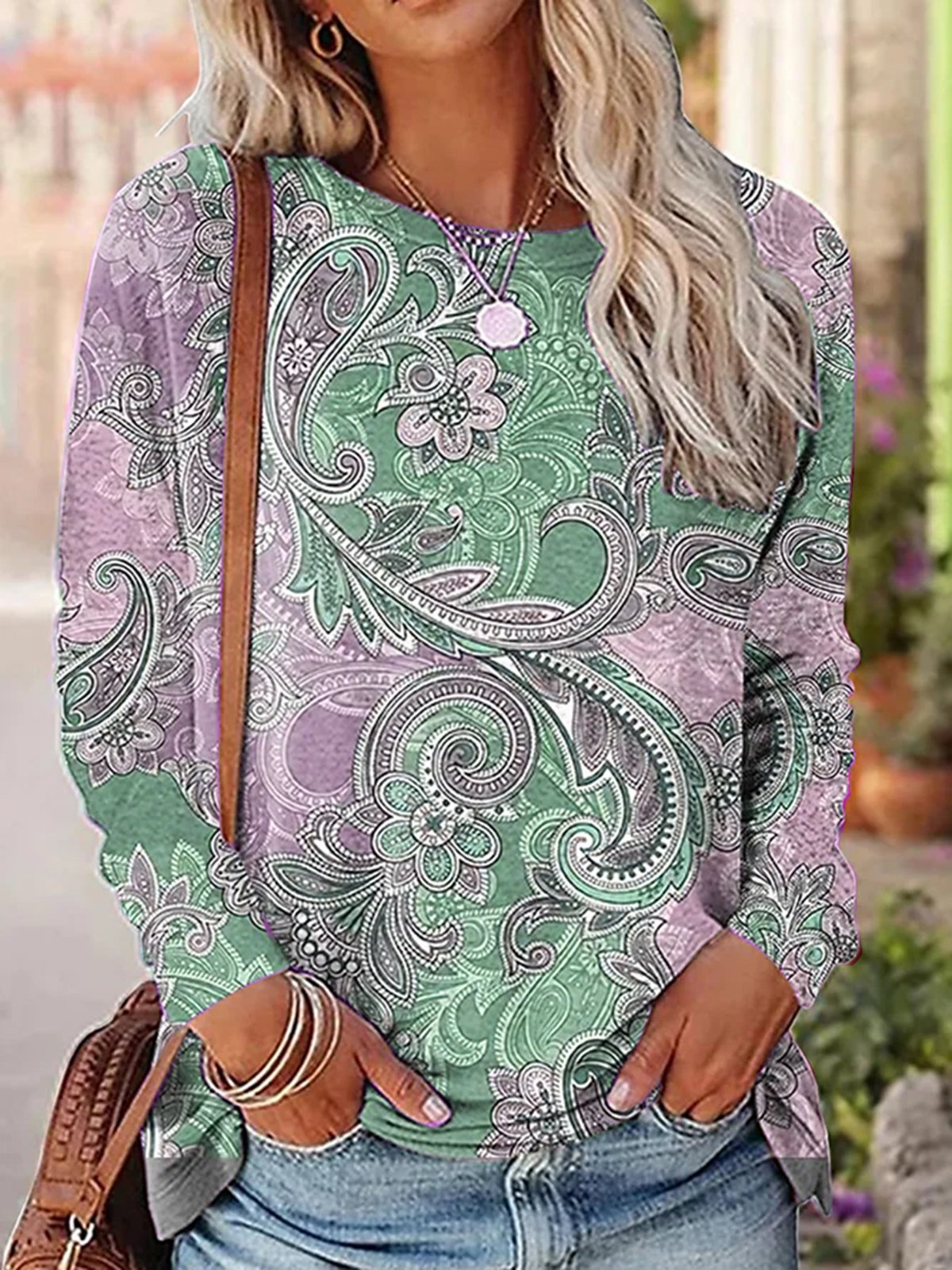 Paisley Crew Neck Casual Loose T-Shirt