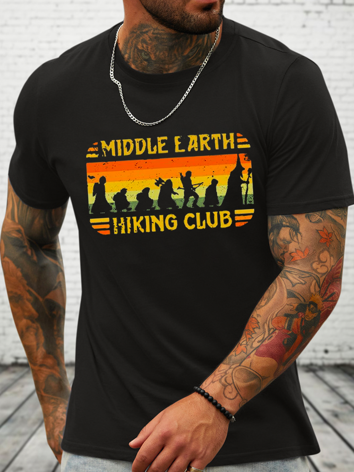 Men‘s Middle Earth Hiking Club Loose Text Letters Casual Cotton T-Shirt