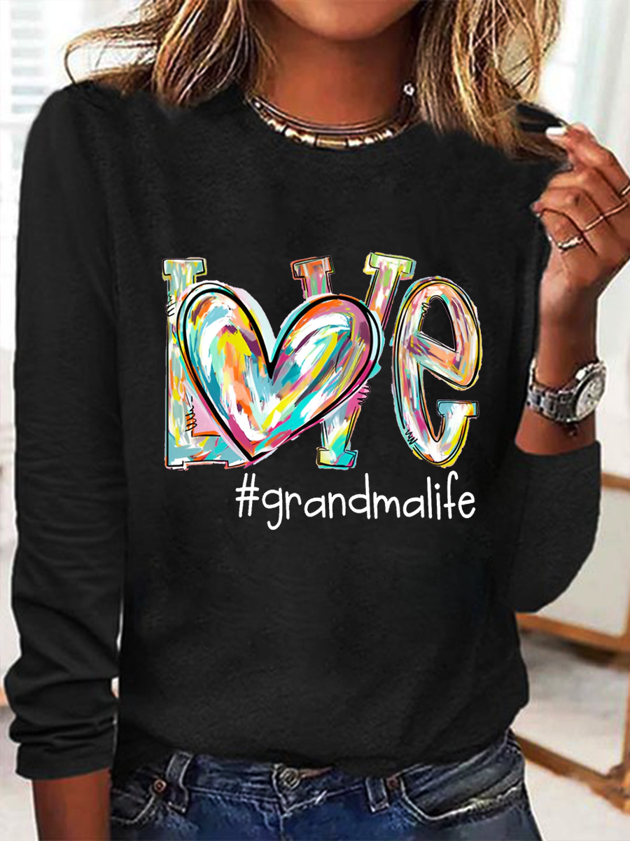 Women's Love Grandma Life Cotton-Blend Casual Crew Neck Long Sleeve Shirt