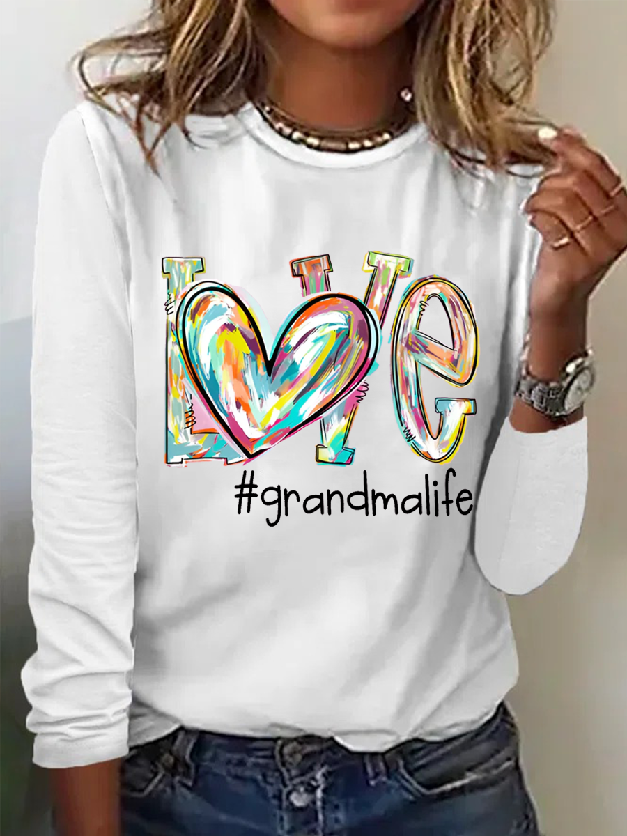 Women's Love Grandma Life Cotton-Blend Casual Crew Neck Long Sleeve Shirt