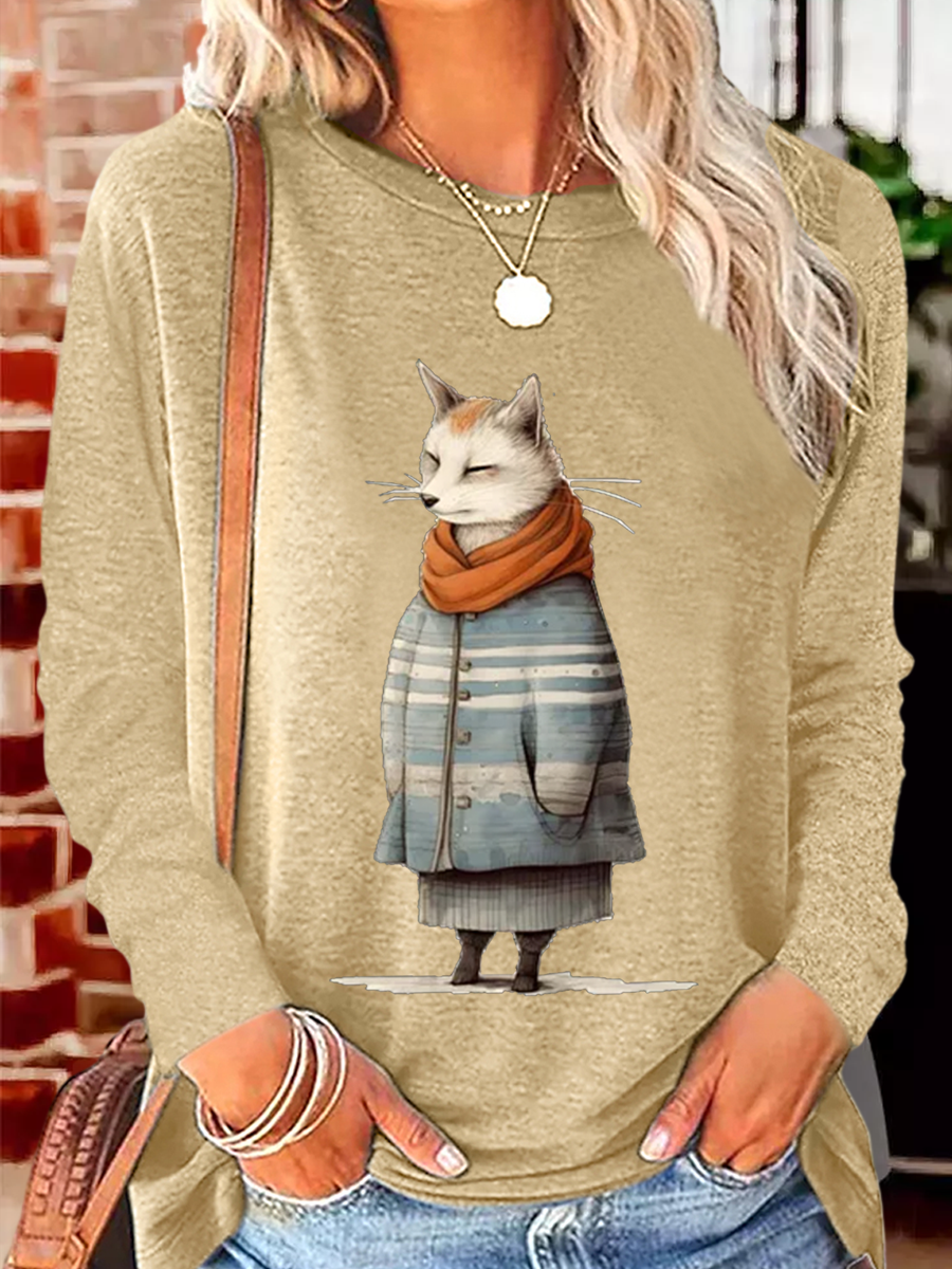 Women's Fox Winter Art Print Cotton-Blend Casual Shirt