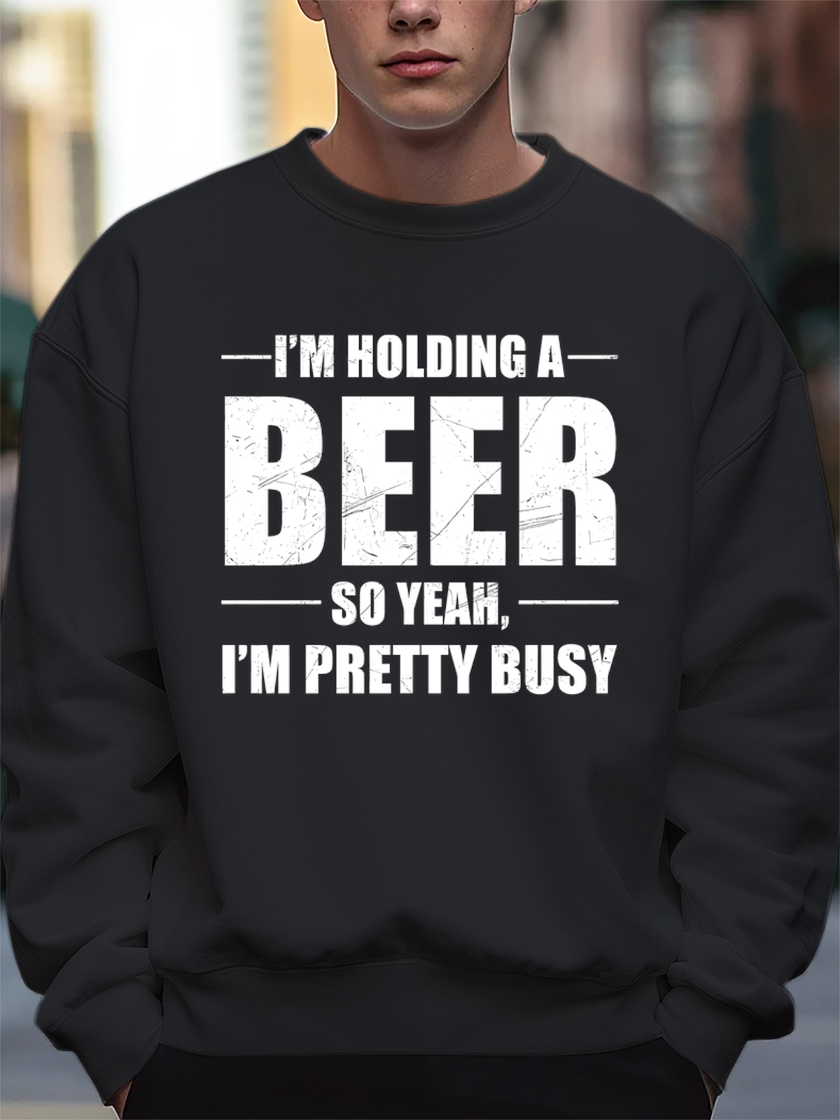 Men's Funny I'm Holding A Beer So Yeah, I'm Pretty Busy Graphic Printing Casual Crew Neck Loose Sweatshirt