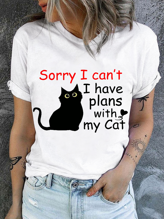 Cotton Sorry I Can't I Have Plans With My Cat Casual Cat Regular Fit T-Shirt