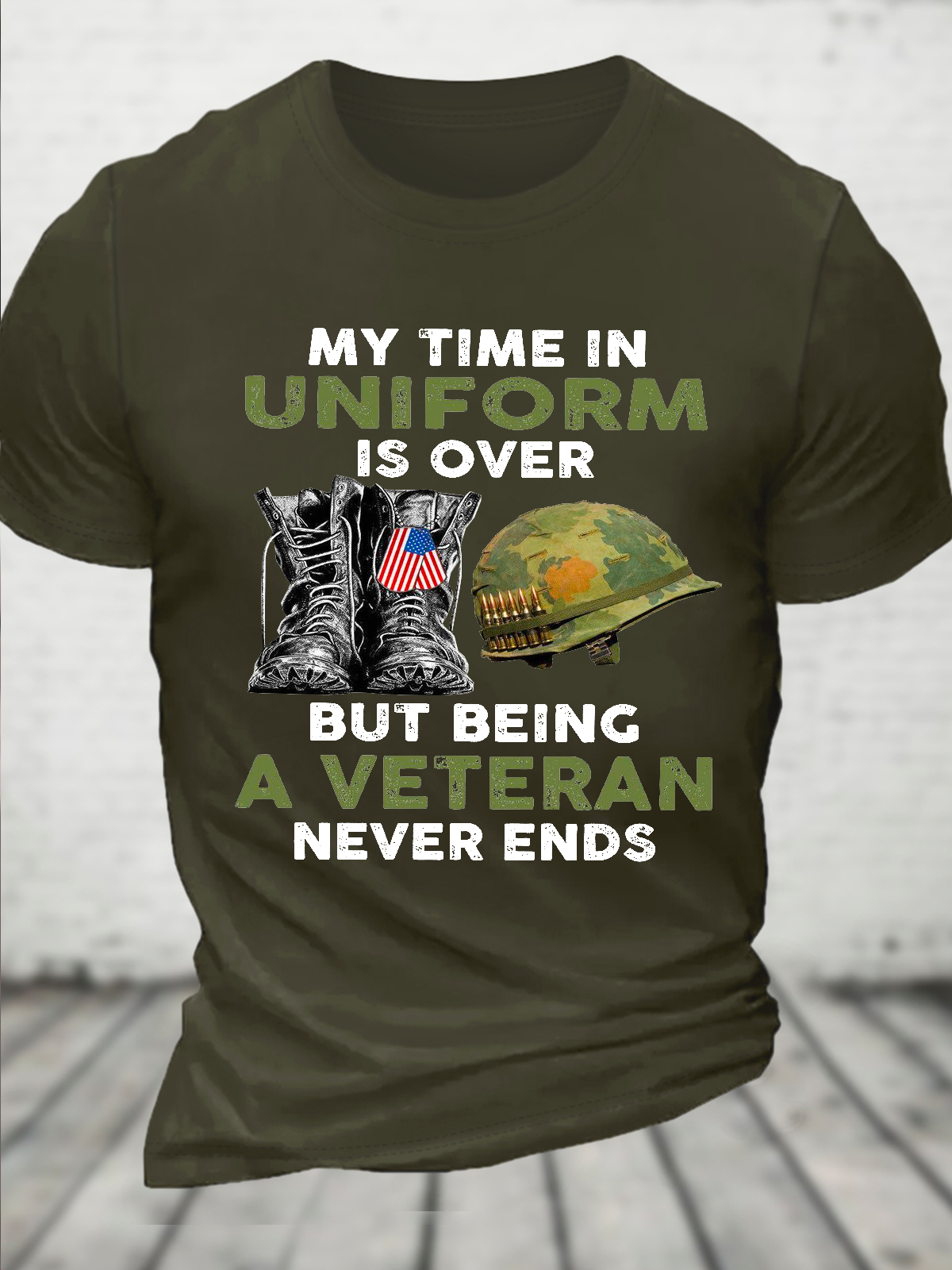 Cotton My Time In Uniform Is Over But Being A Veteran Never Ends Casual Loose Text Letters T-Shirt