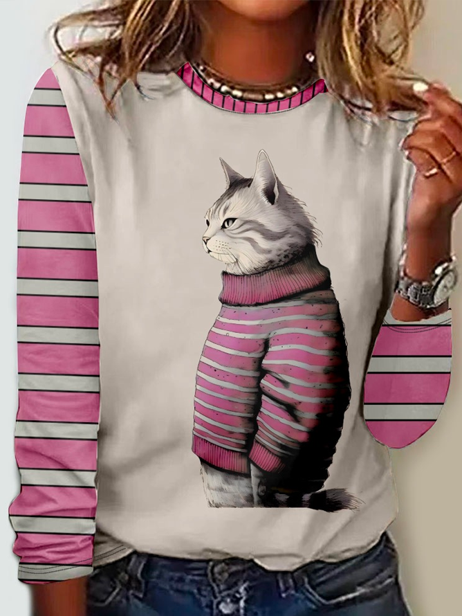 Striped Cat Casual Crew Neck Long Sleeve Shirt