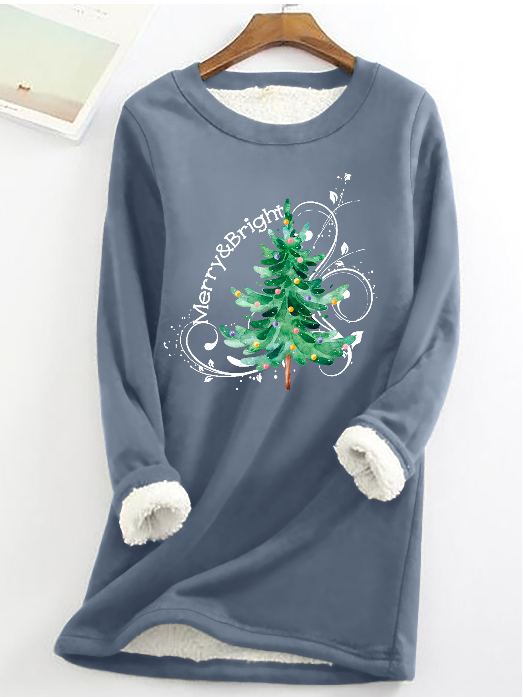 Cotton-Blend Casual Christmas Tree Crew Neck Fleece Sweatshirt