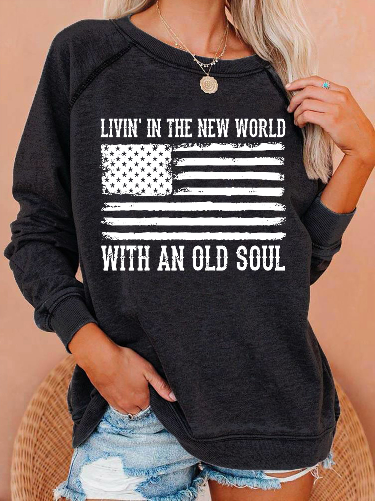 Living In The New World With An Old Soul America Flag Casual Crew Neck Sweatshirt