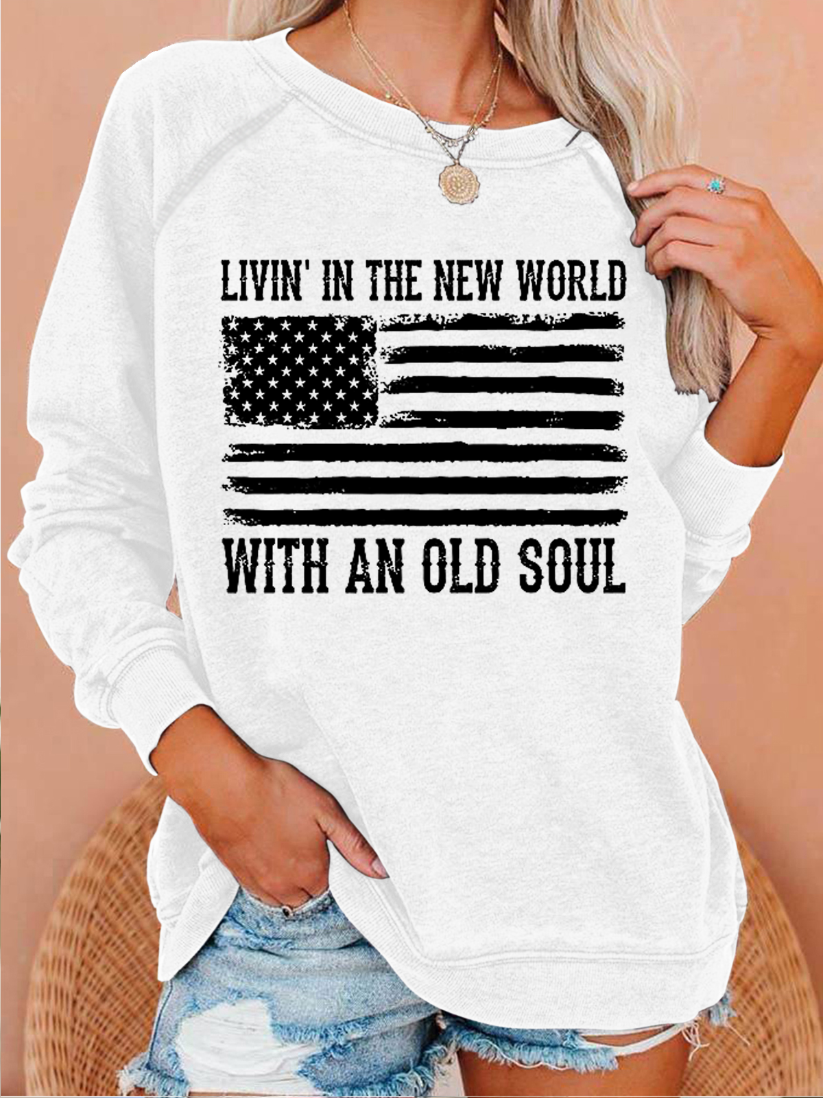 Living In The New World With An Old Soul America Flag Casual Crew Neck Sweatshirt