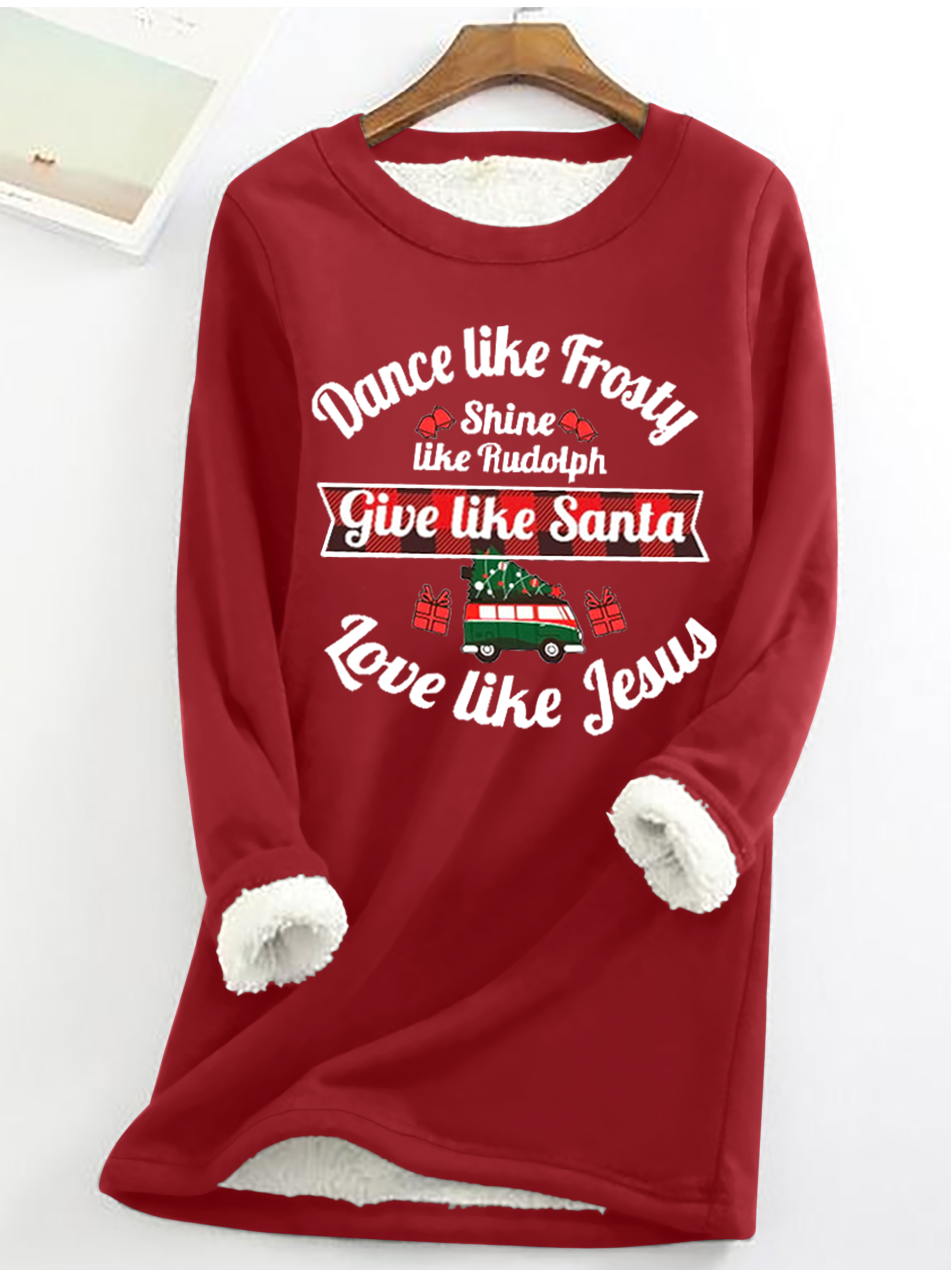 Women's Dance Like Frosty, Shine Like Rudolph, Give Like Santa Love Like Jesus Print Casual Crew Neck Fleece Sweatshirt