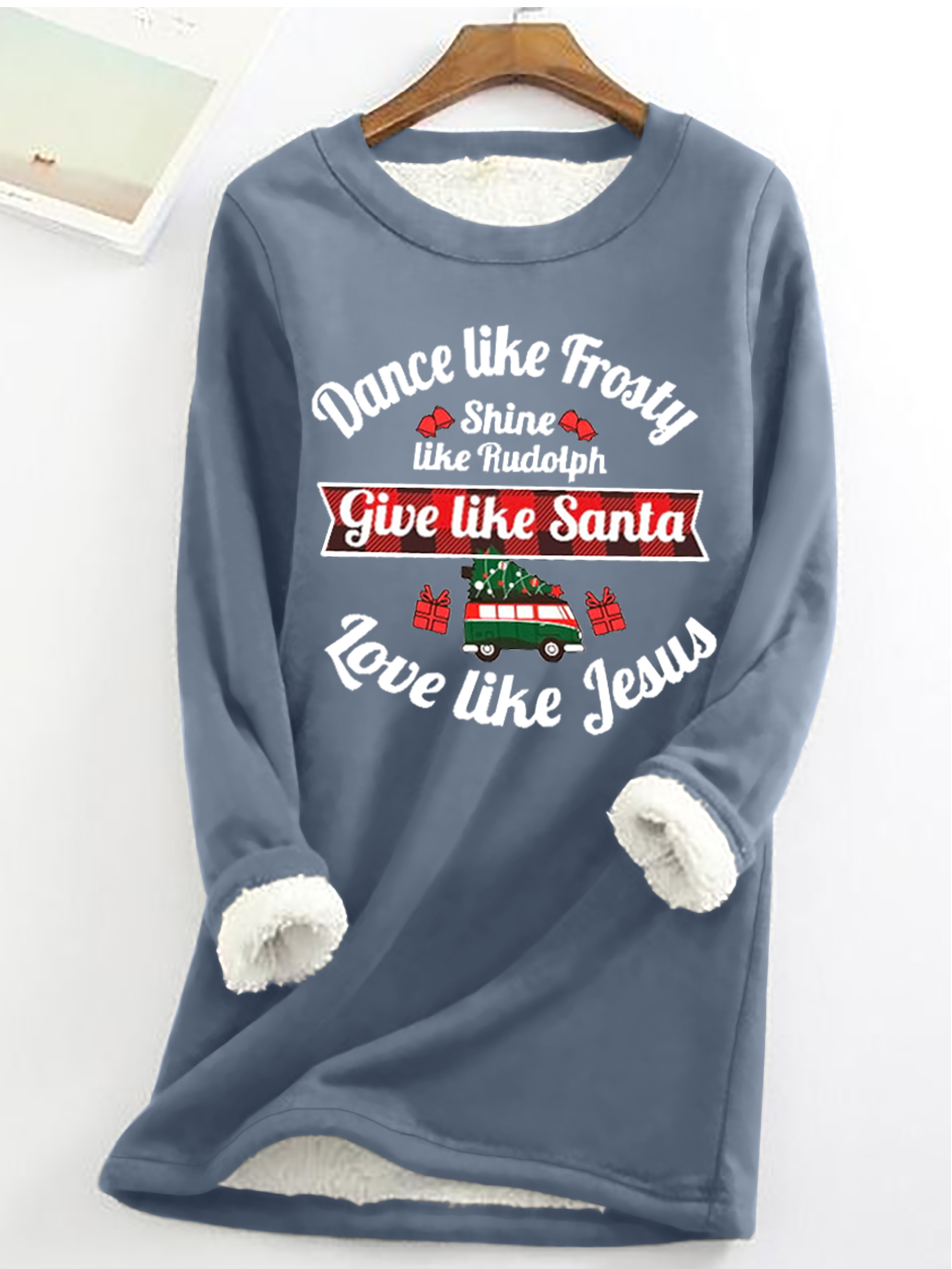 Women's Dance Like Frosty, Shine Like Rudolph, Give Like Santa Love Like Jesus Print Casual Crew Neck Fleece Sweatshirt