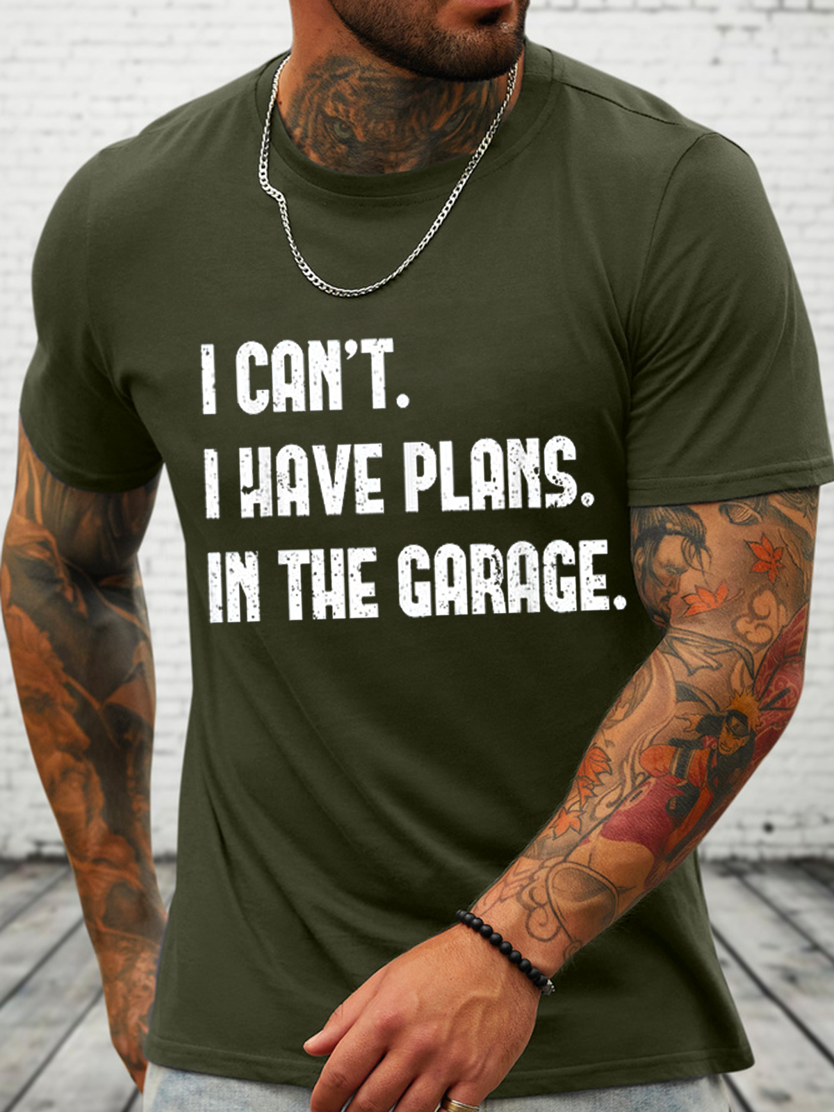 Cotton I Cant I Have Plans In The Garage Fathers Day Car Mechanics Text Letters Crew Neck Casual T-Shirt