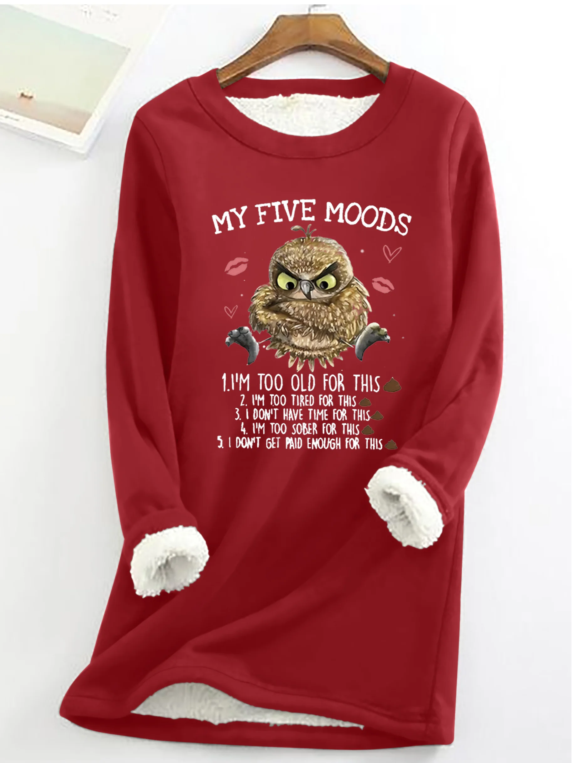 Women's 5 Five Mood Letters Owl Animal Cotton-Blend Casual Sweatshirt