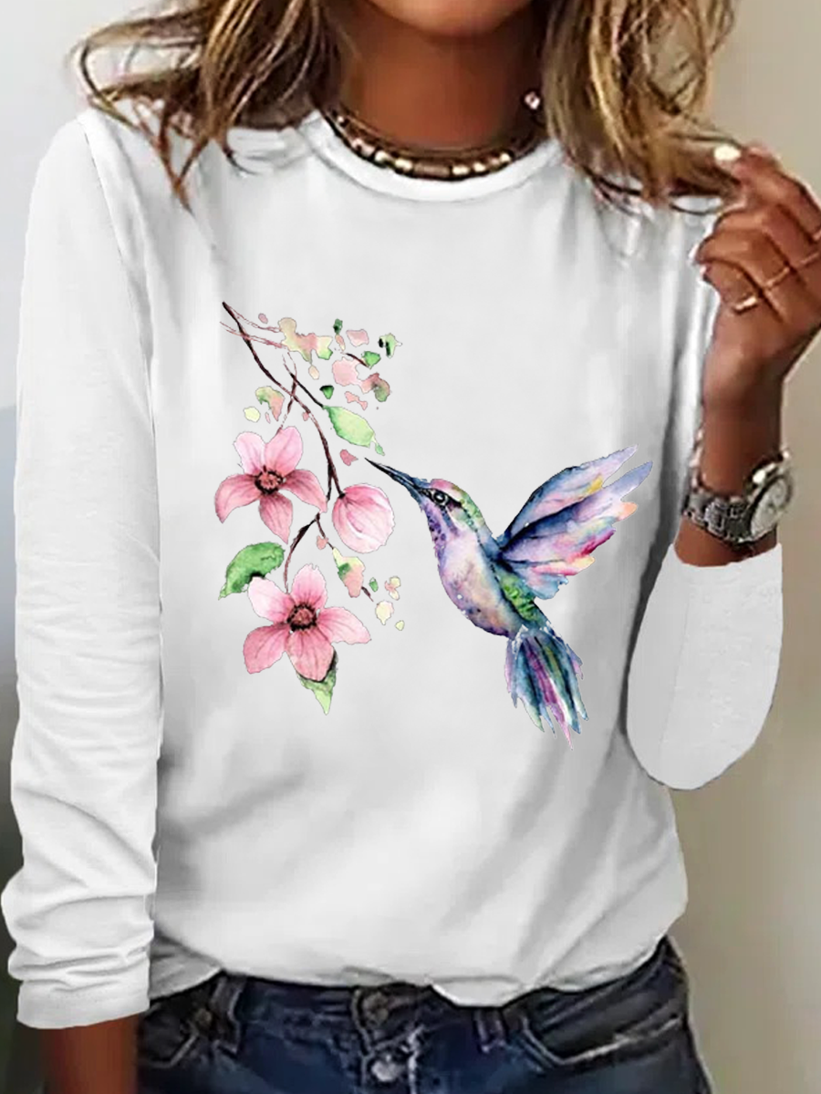 Women's Hummingbird Watercolor Nature Bird Lover Crew Neck Cotton-Blend Casual Long Sleeve Shirt