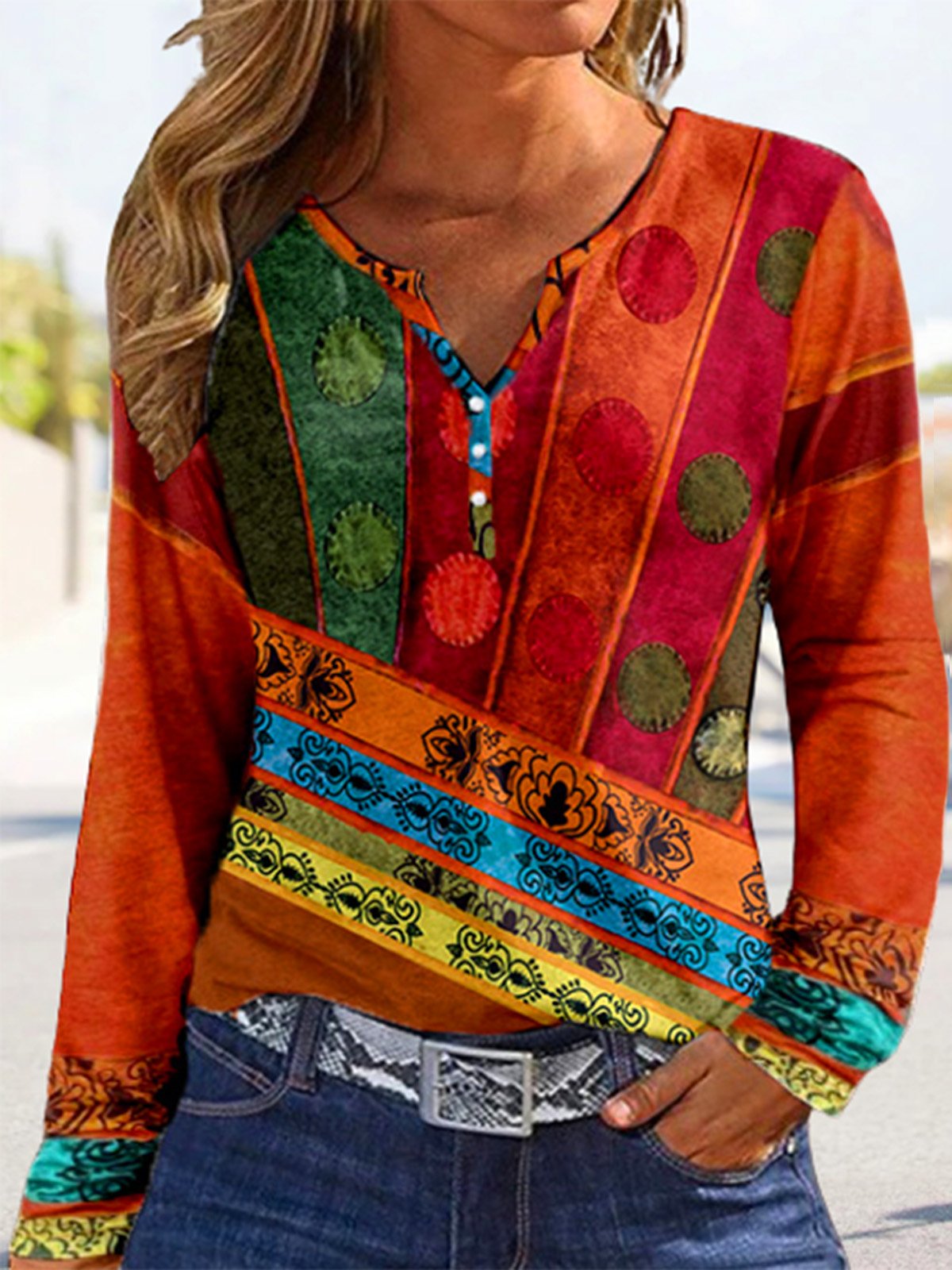 Abstract Buckle Long Sleeve Notched Casual Shirt