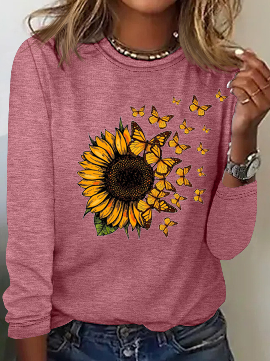 Women’s Butterfly Sunflower Print  Casual Cotton-Blend Long Sleeve Shirt
