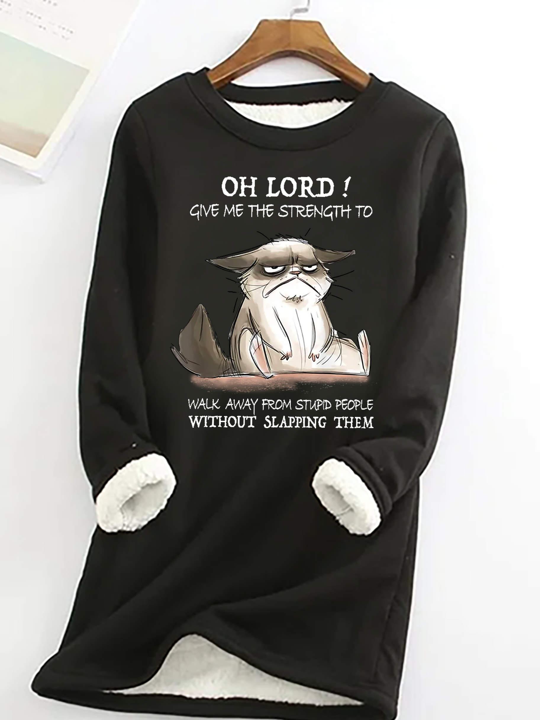Women's Funny Word Oh Lord Give Me The Strength To Walk Away From Stupid People Without Slapping Them Cat Casual Crew Neck Sweatshirt