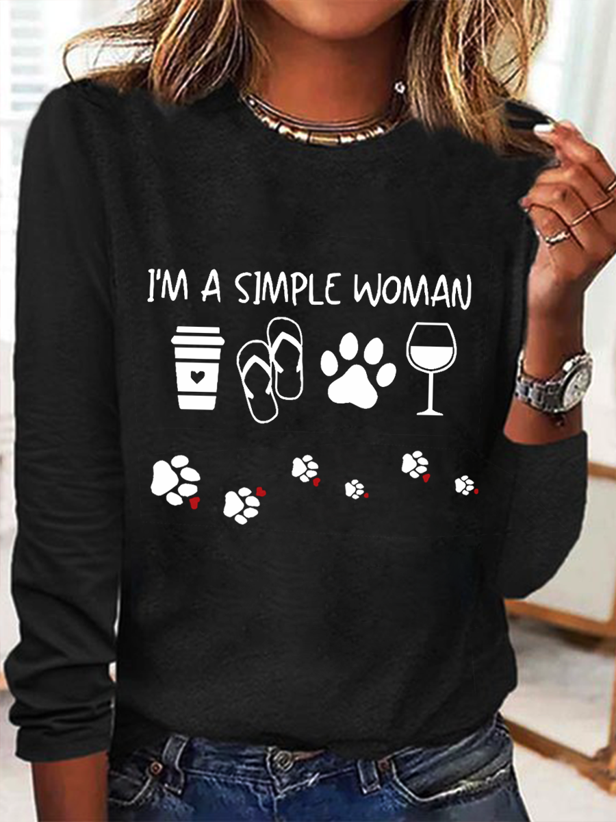 Women's I'm A Simple Dog Lover Print Simple Crew Neck Dog Long Sleeve Shirt