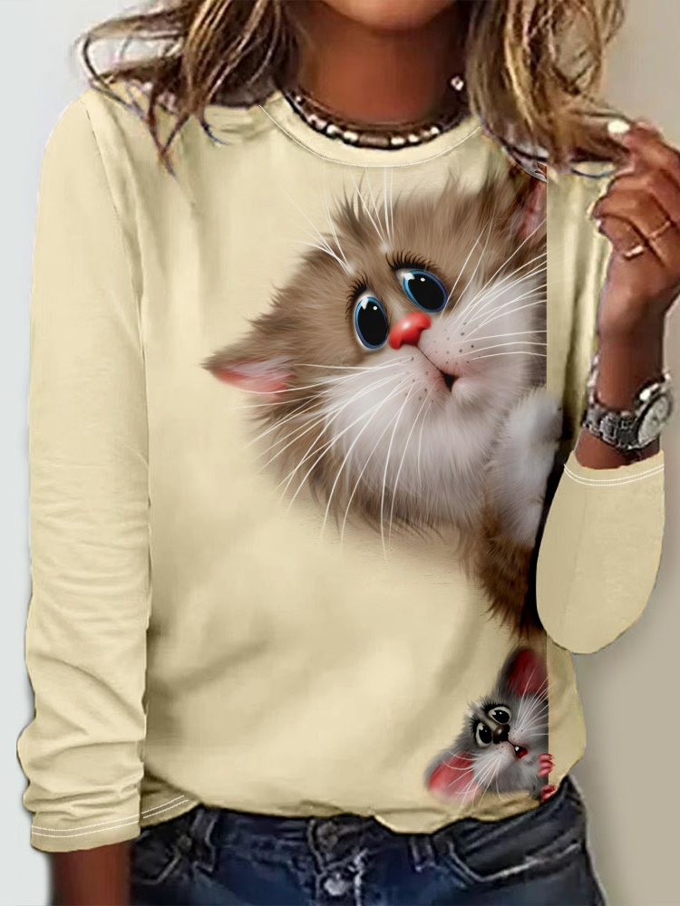 Women's Crew Neck Casual Funny Cat Long Sleeve Shirt