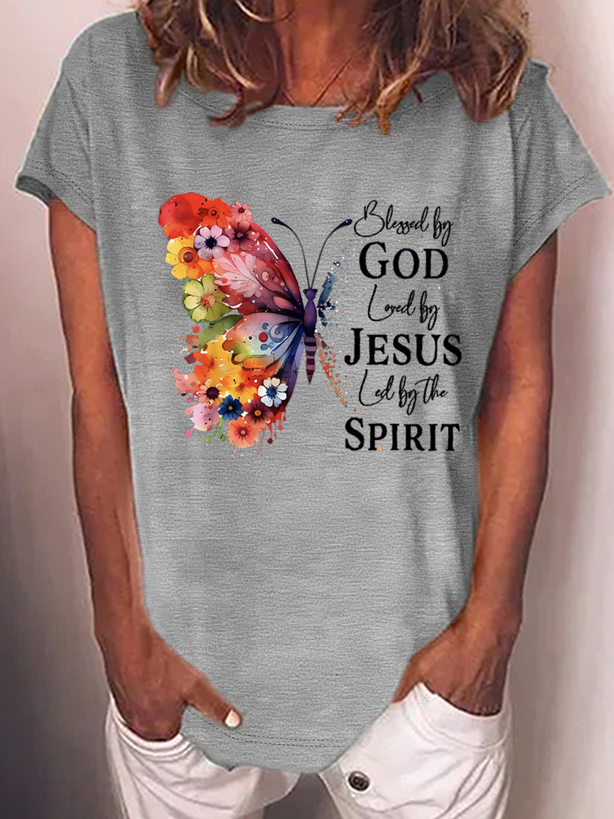 Blessed By God Loved By Jesus Led By The Spirit Casual Butterfly Casual T-Shirt