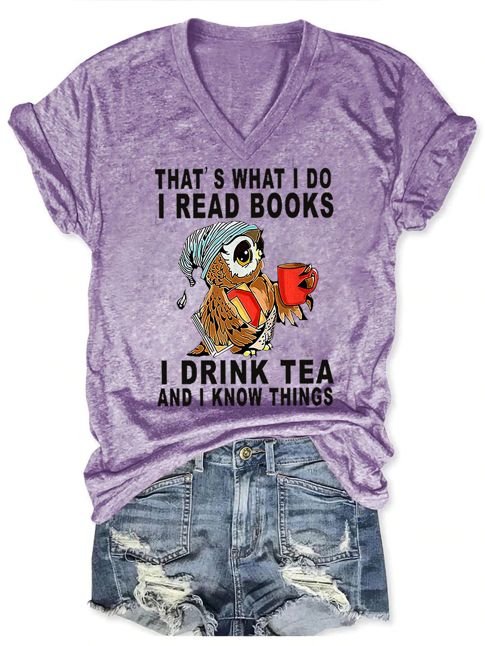 Women Owl That’s What I Do I Read Books I Drink Tea And I Know Things Vintage Cotton-Blend V Neck Animal T-Shirt