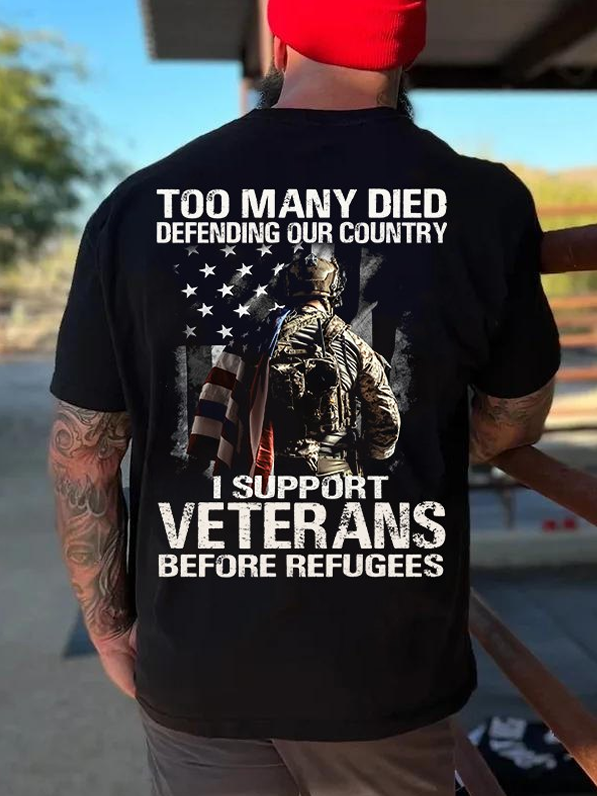 Cotton Too Many Died Defending Our Country I Support Veterans Before Refugees Casual Crew Neck T-Shirt