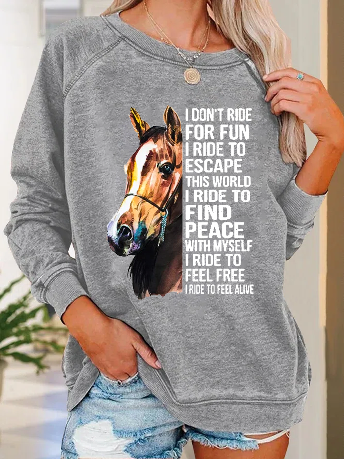 Women's Western Pony I Don't Ride For Fun I Ride To Escape Printed Crew Neck Casual Sweatshirt