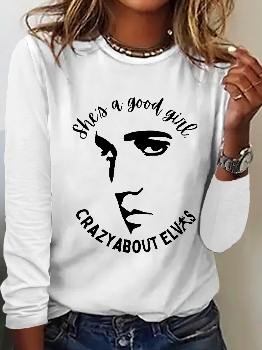 Women's She Is A Good Girl Crazy About King Of Rock Roll Print  Simple Crew Neck Long Sleeve Shirt