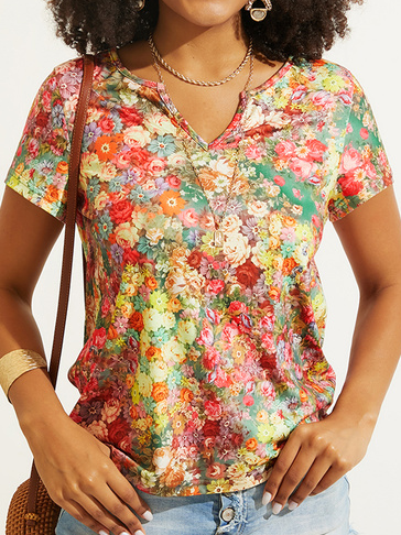 Casual Floral Loose Notched T-Shirt